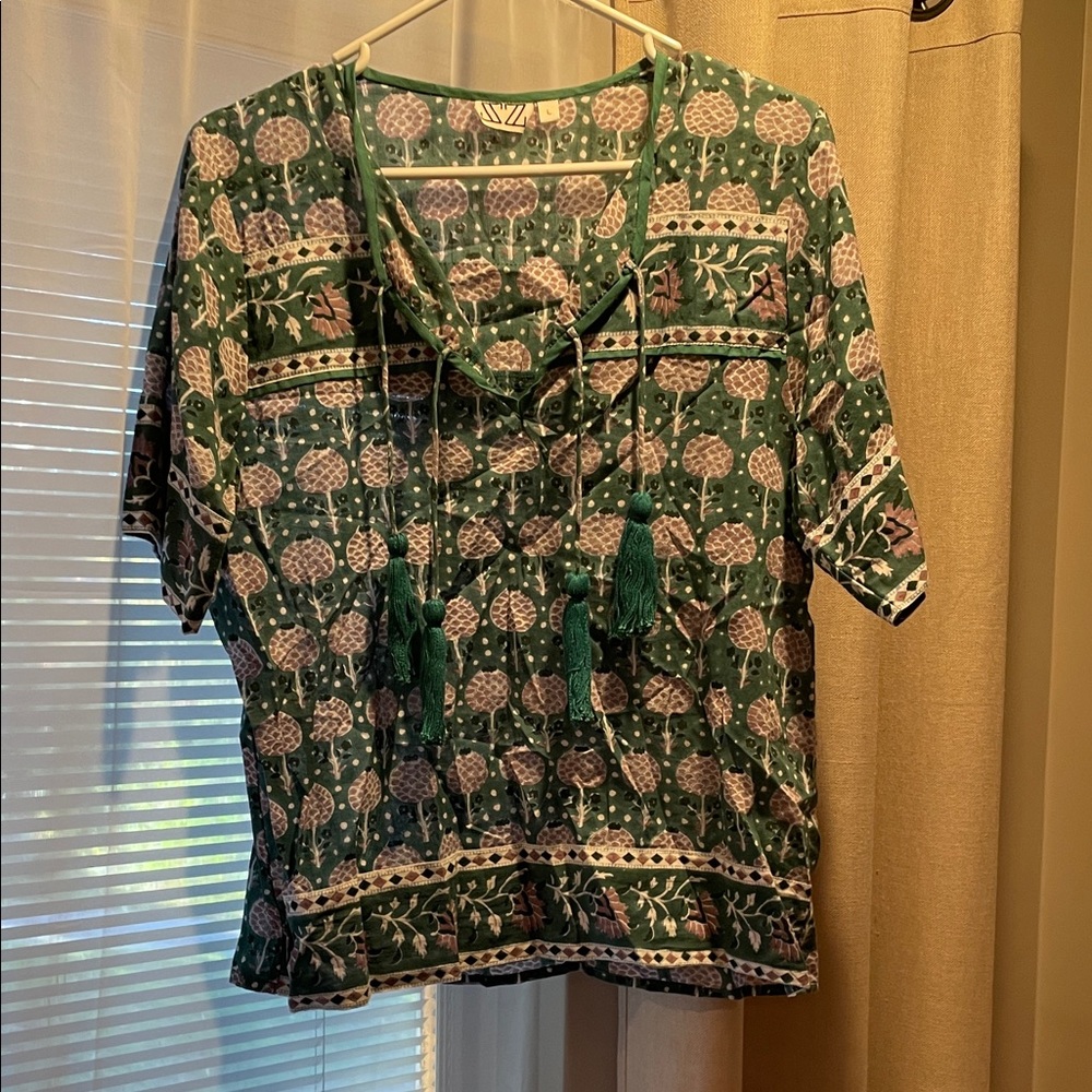 Sz blockprints for j crew Green Patterned Women's Top size L unworn
